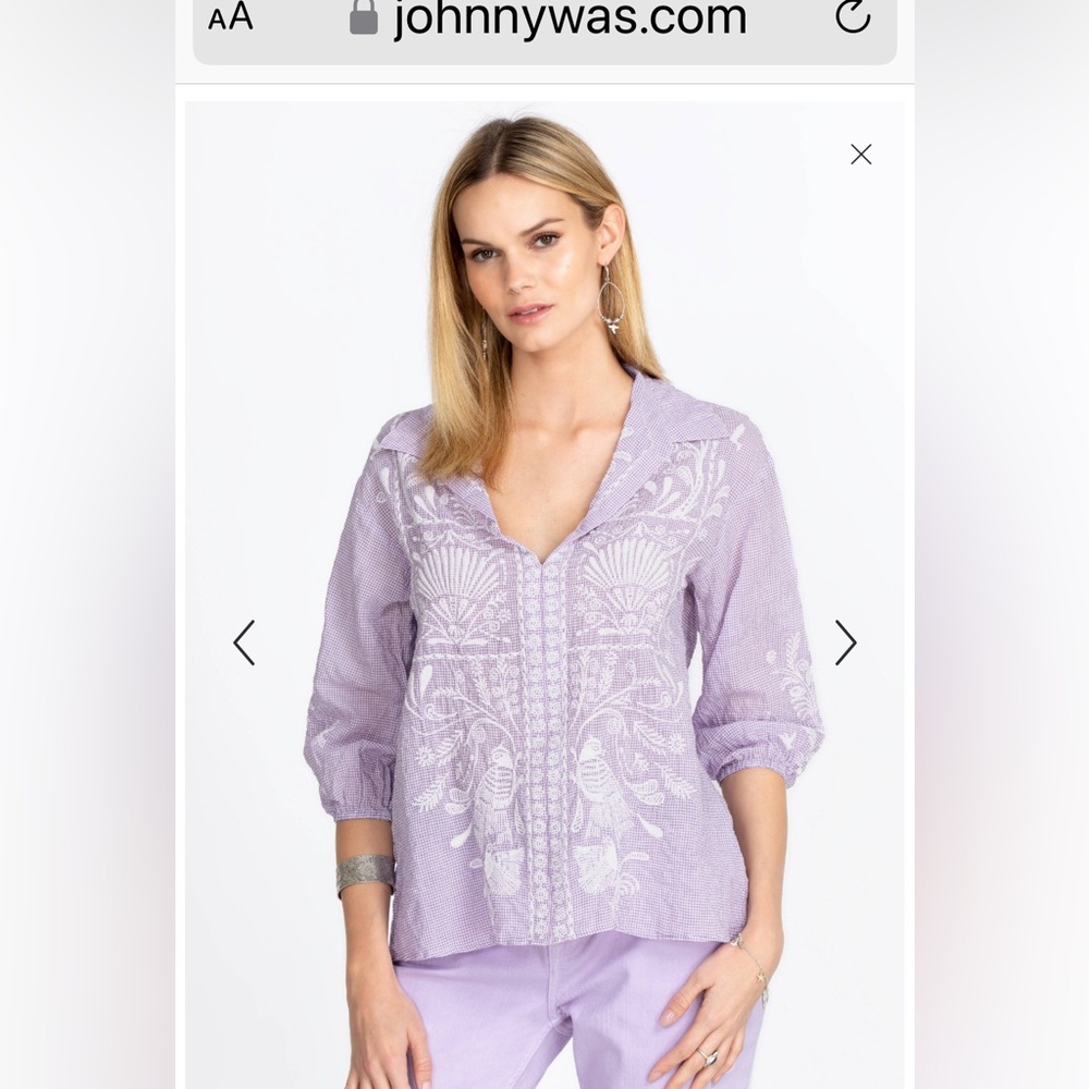 Johnny Was Orla Wander Blouse NWT Lavender check w/embroidery Sz M Cotton/poly
